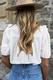 White Embroidered Lace Patchwork Tie Neck Puff Short Sleeve Blouse