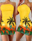 Ombre Tropical Print Bandeau Bodycon Dress