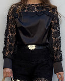 Boat Neck Guipure Lace Patchwork Blouse Casual Hollow out Satin Top