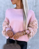 Contrast Sequin Fluffy Detail Long Sleeve Knit Sweater Casual Pullover Top