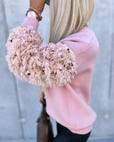 Contrast Sequin Fluffy Detail Long Sleeve Knit Sweater Casual Pullover Top