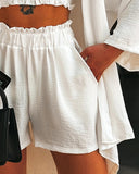 Shirred Frill Hem Bandeau Top & Pocket Design Shorts Set With Coat