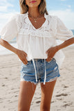 White Embroidered Lace Patchwork Tie Neck Puff Short Sleeve Blouse