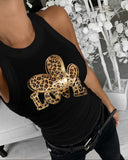 Leopard Heart Pattern Round Neck Tank Slim Fit Casual Top