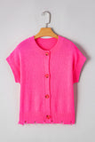 Bright Pink Distressed Hem Short Sleeve Knitted Button Front Sweater