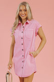 Pink Short Sleeve Double Chest Pocket Denim Shirt Dress