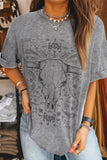 Light Grey Western Steer Head Tie Dye Print Crew Neck T Shirt