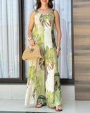 Plants Print Round Neck Sleeveless Jumpsuit Casual Wide Leg Romper