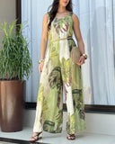 Plants Print Round Neck Sleeveless Jumpsuit Casual Wide Leg Romper
