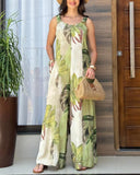 Plants Print Round Neck Sleeveless Jumpsuit Casual Wide Leg Romper