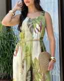 Plants Print Round Neck Sleeveless Jumpsuit Casual Wide Leg Romper
