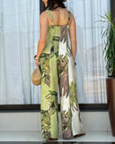 Plants Print Round Neck Sleeveless Jumpsuit Casual Wide Leg Romper