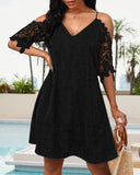 V Neck Cold Shoulder Sleeveless Lace Hem Straight Dress Vacation Dress