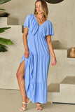 Sky Blue Textured V Neck Flutter Sleeve Ruffled Maxi Dress