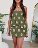 3 Pieces Outfit Floral Print Off Shoulder Multi Ways Top and Casual Shorts Set with Bandeau(Without Belt)