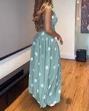 Polka Dot V Neck Sleeveless Maxi Dress Casual Waist A Line Flared Dress
