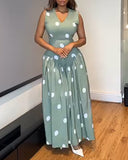 Polka Dot V Neck Sleeveless Maxi Dress Casual Waist A Line Flared Dress