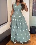 Polka Dot V Neck Sleeveless Maxi Dress Casual Waist A Line Flared Dress