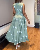 Polka Dot V Neck Sleeveless Maxi Dress Casual Waist A Line Flared Dress