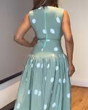 Polka Dot V Neck Sleeveless Maxi Dress Casual Waist A Line Flared Dress