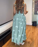 Polka Dot V Neck Sleeveless Maxi Dress Casual Waist A Line Flared Dress