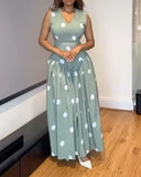 Polka Dot V Neck Sleeveless Maxi Dress Casual Waist A Line Flared Dress