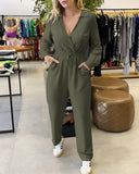 Lapel V neck Collar Shirred Drawstring Waist Jumpsuit