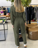 Lapel V neck Collar Shirred Drawstring Waist Jumpsuit