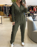 Lapel V neck Collar Shirred Drawstring Waist Jumpsuit