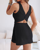 French Style Square Neck Backless Ruched Overalls Twist Back Slim Fit Faux Two Piece Skort Romper