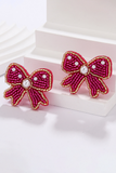 Rose Red Pearl Rice Bead Bow Knot Shape Stud Earrings