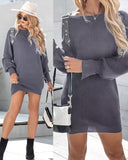 Rhinestone Buckled Batwing Sleeve Casual Knit Long Sleeve Dress