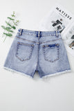 Beau Blue Pearl Studded Pockets Raw Hem Denim Shorts