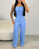 2 Pieces Outfit Bandeau Button Decor Vest Top and Casual Wide Leg Pants Set