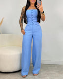 2 Pieces Outfit Bandeau Button Decor Vest Top and Casual Wide Leg Pants Set