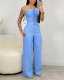 2 Pieces Outfit Bandeau Button Decor Vest Top and Casual Wide Leg Pants Set