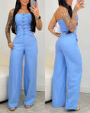 2 Pieces Outfit Bandeau Button Decor Vest Top and Casual Wide Leg Pants Set