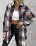 Plaid Pattern Long Sleeve Shacket Distressed Button Down Shirt