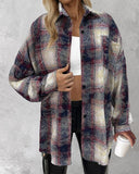 Plaid Pattern Long Sleeve Shacket Distressed Button Down Shirt