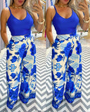 2 Piece Floral Print U Neck Spaghetti Strap Top High Waist Wide Leg Vacation Pants Set with Pocket