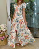 Floral Print V Neck Puff Sleeve Button Decor Dress Casual Waist A Line Dress