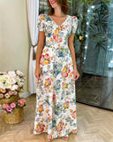 Floral Print V Neck Puff Sleeve Button Decor Dress Casual Waist A Line Dress