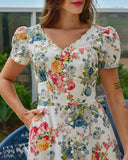 Floral Print V Neck Puff Sleeve Button Decor Dress Casual Waist A Line Dress