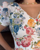 Floral Print V Neck Puff Sleeve Button Decor Dress Casual Waist A Line Dress