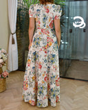 Floral Print V Neck Puff Sleeve Button Decor Dress Casual Waist A Line Dress