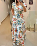 Floral Print V Neck Puff Sleeve Button Decor Dress Casual Waist A Line Dress