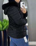 Zipper Pocket Design Shirred Fuzzy Trim Lined Hooded Puffer Jacket