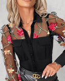 Floral Embroidery Turn down Collar Sheer Mesh Patch Blouse Casual Long Sleeve Slim Fit Top