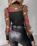 Floral Embroidery Turn down Collar Sheer Mesh Patch Blouse Casual Long Sleeve Slim Fit Top