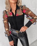 Floral Embroidery Turn down Collar Sheer Mesh Patch Blouse Casual Long Sleeve Slim Fit Top